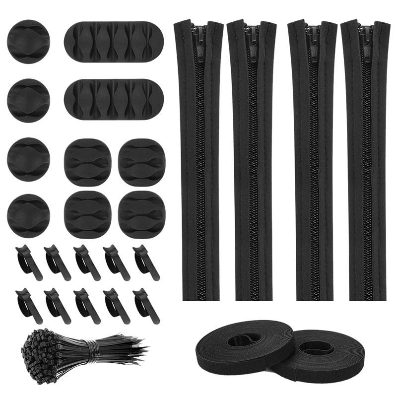 126Pcs Cord Management Organizer Kit Cable Sleeve with Zipper Cable Management Sleeve for TV Office Home Etc (Black): Default Title