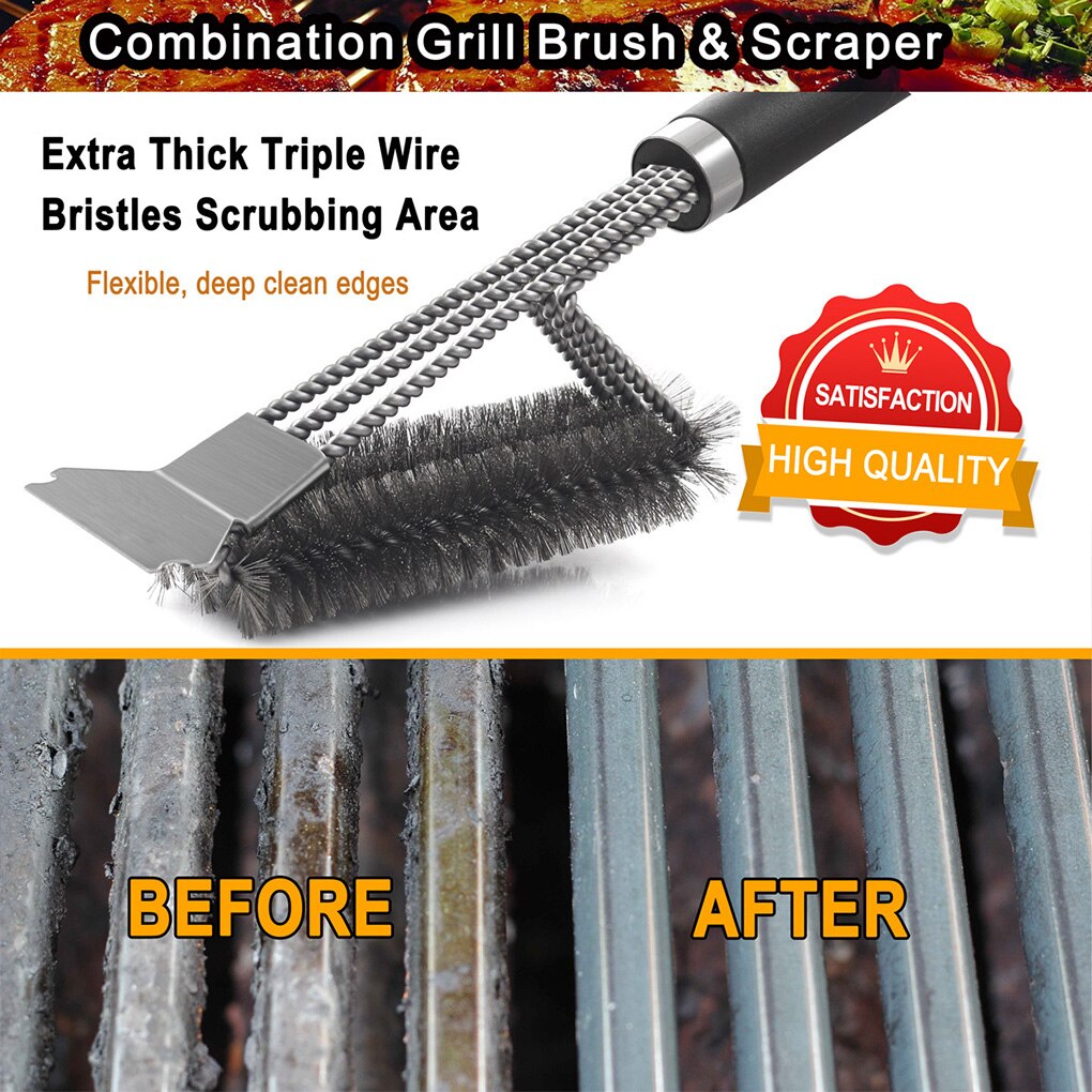 3-heads BBQ Plate Cleaning Brush Stainless Steel Grill Oven Barbeque Grille Tray Wire Brush BBQ Grill Cleaning Wire Brush