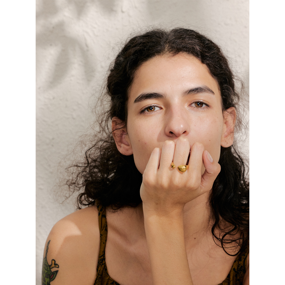 Anillo chapado en PVD de Color dorado ajustable abierto con flor de océano Yhpup para mujer, joyería de acero inoxidable a la , accesorios al por mayor