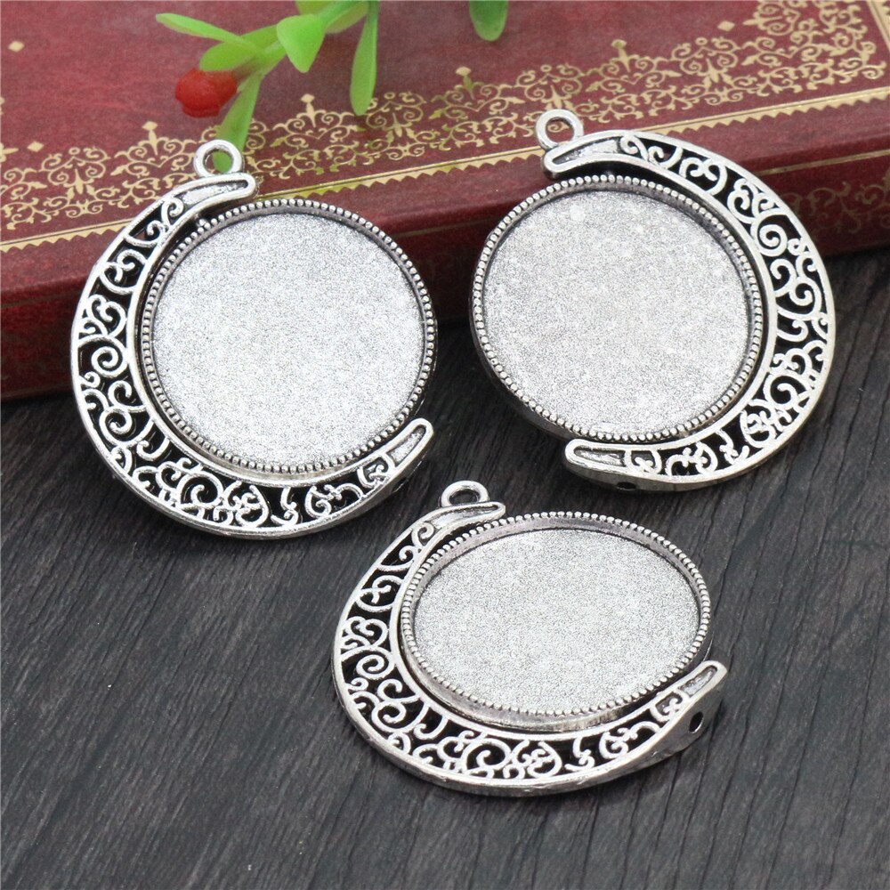 5pcs 18mm 25mm Inner Size Moon Rotation Double Side Antique Silver Plated 7 Colors Cameo Cabochon Base Setting Charms Pendant: Antique Silver / Inner Size 25mm