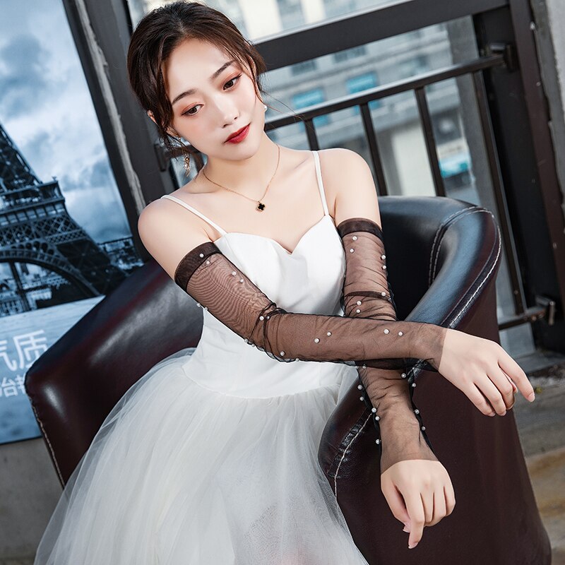 Women Elbow Long Fingerless Wedding Gloves For Bride Pearls Beaded Evening Party Accessories
