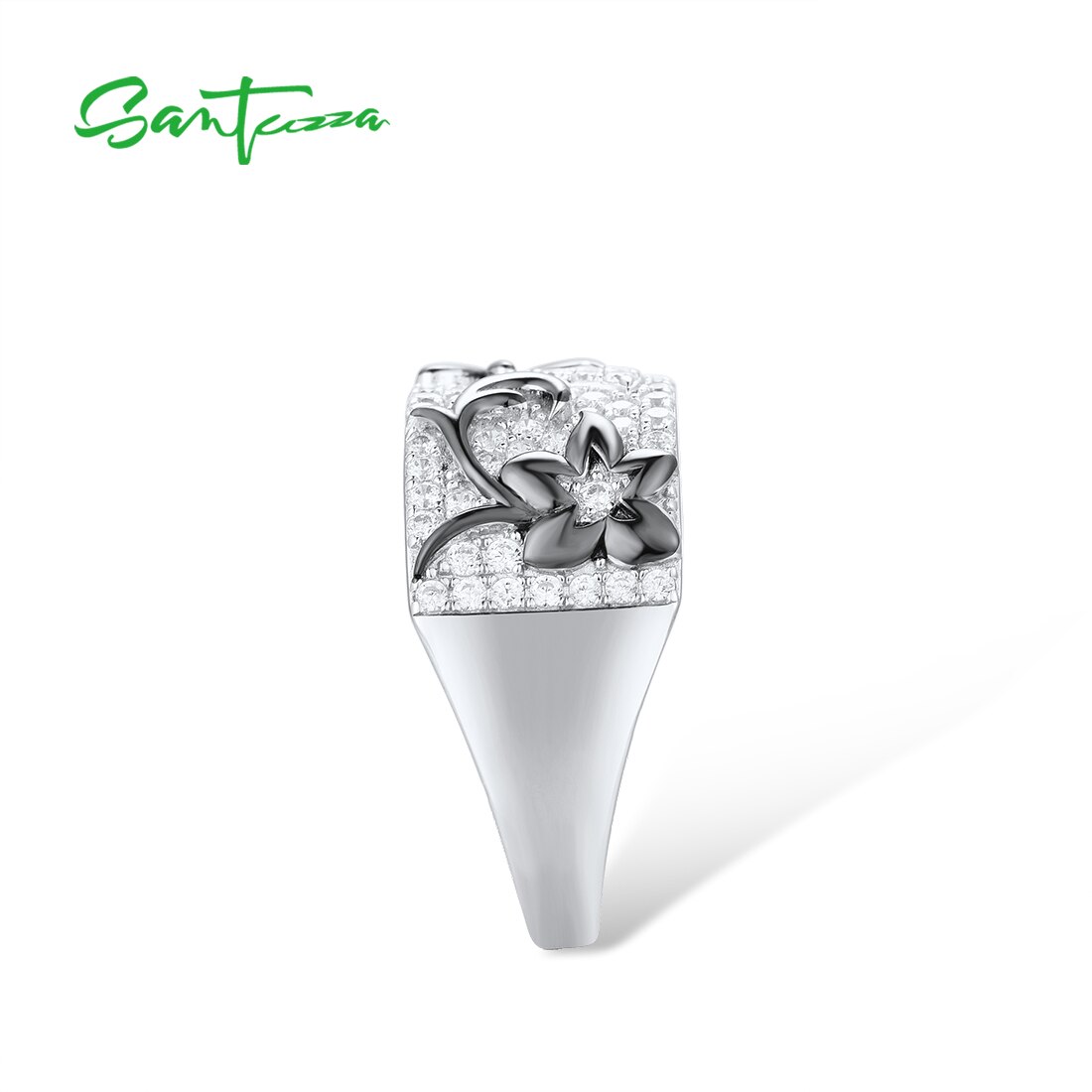 Santuzza anéis de prata para mulher pura 925 prata esterlina cintilante branco zircônia cúbica preto flores moda jóias finas
