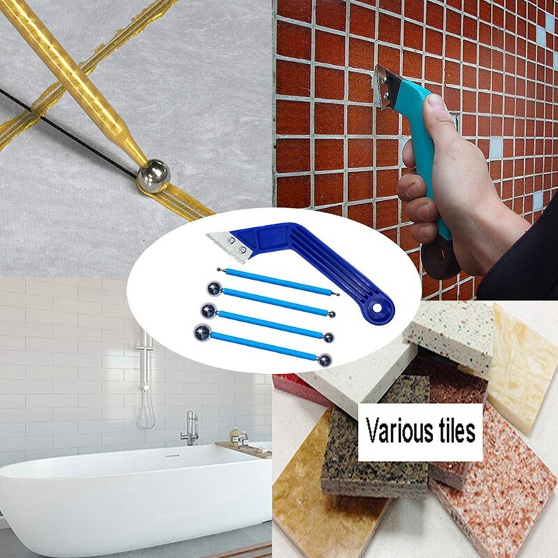 4 Pieces Metal Ball Tile Sealing Tool, 1 Piece Grout Scraper With 1 Piece Diamond Surface Blades For Removing Grout