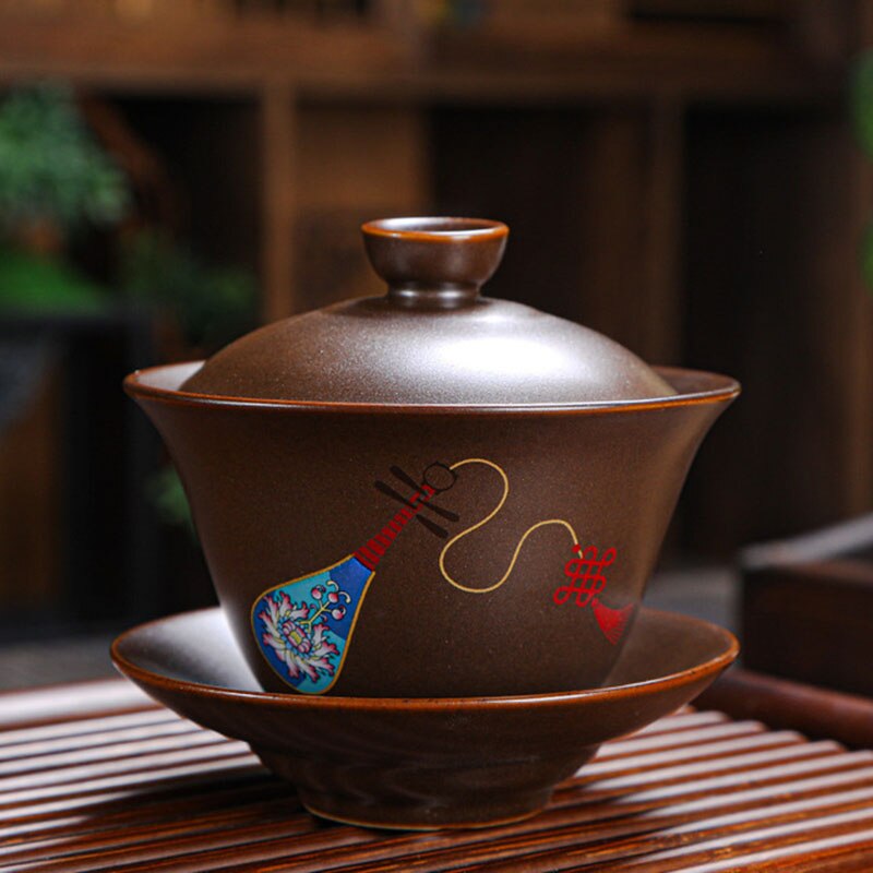 Retro Ceramic Gaiwan Wood-fired Ancient Pottery Tea Bowl Pipa Deer Pattern Tea Cup Kungfu Teaware Kitchen Drinking Tool 190ml: 2