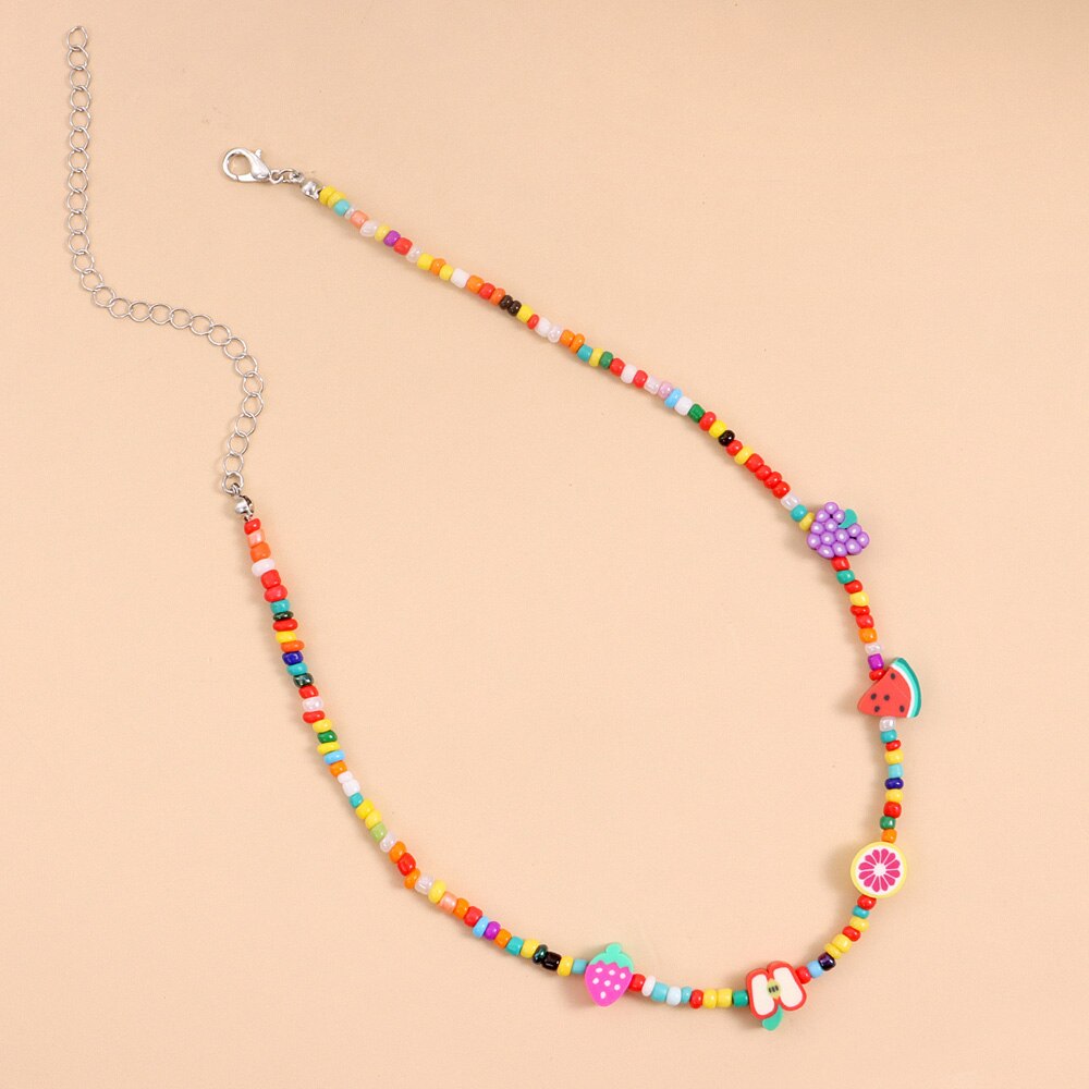 Colliers d'été en perles de fruits multicolores, faits à la main, ethniques, pastèque, ras du cou pour femmes, mignon Kawaii
