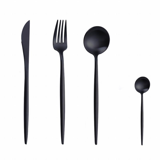 4 Pieces Gold Matte Cutlery Set Dinnerware Set Stainless Steel Green Flatware Set Tableware Knife Spoon Teaspoon Kitchen Set: Black 4pcs