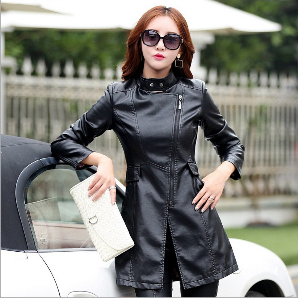 Leather Coat Jacket Women Slim Patchwork Long Female Jacket PU Motorcycle Autumn Winter Outerwear