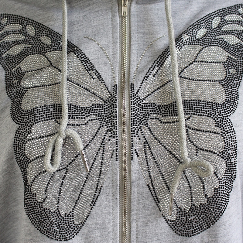 Y2K Oversized Butterfly Graphic Rhinestone Zip Up Hoodies E-girl 90s Streetwear Diamond Grey Long Jacket Autumn Spring