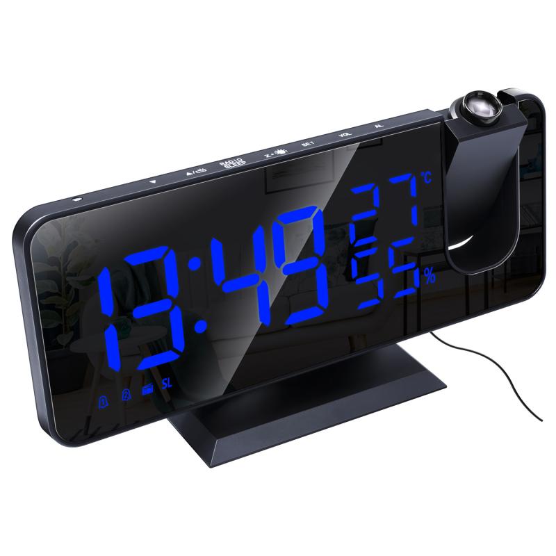 Alarma Digital LED multifuncional, reloj despertador con proyección de Radio, pantalla de tiempo de reloj con espejo y luz LED de temperatura y humedad