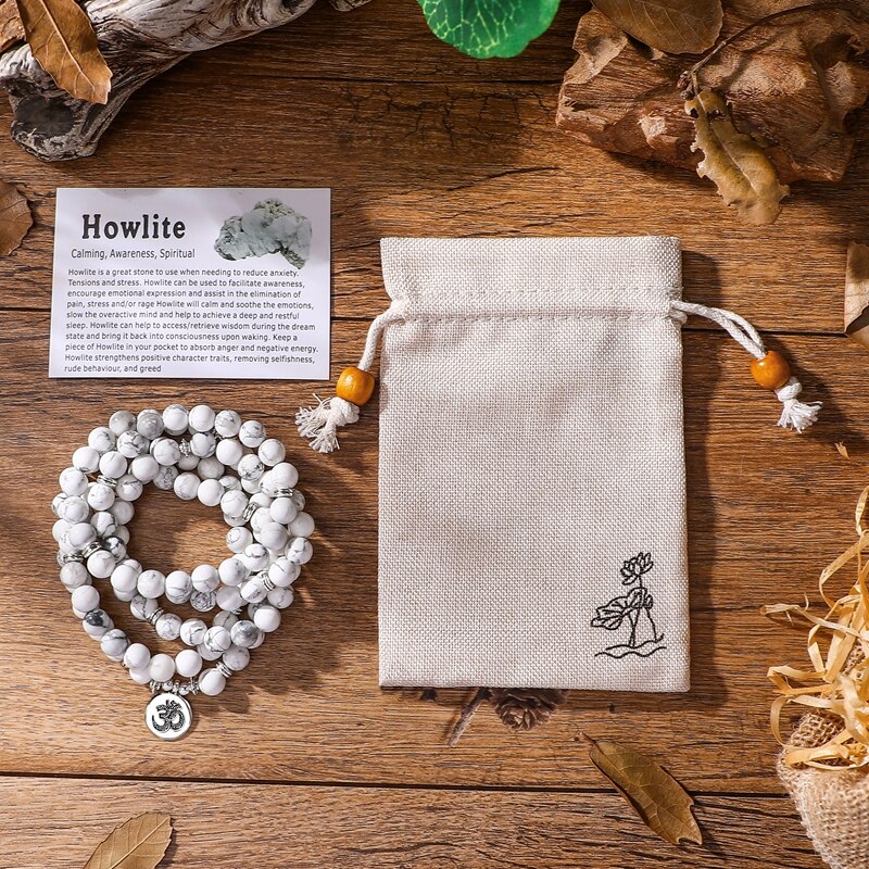 108 Mala Kralen Armband Voor Vrouwen Howliet Natuursteen Met Lotus Om Boeddha Charm Yoga Sieraden: OM