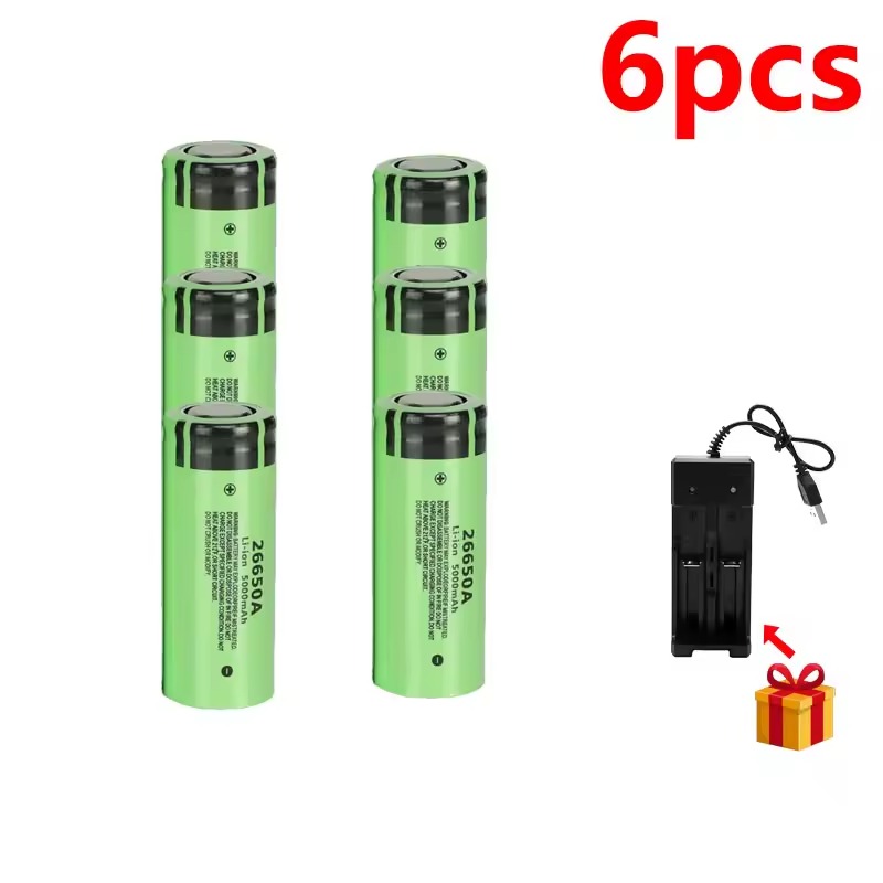 Original 26650A battery 5000mAh 3.7V 50A lithium-ion rechargeable battery 26650A LED flashlight + charger: MULTI