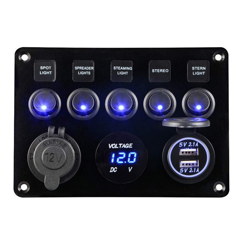 Digital voltmeter dubbel usb port vattentät bil marina led rocker switch panel 12v utloppskombination överbelastningskretsskydd: 5 -gängsbrytare blå