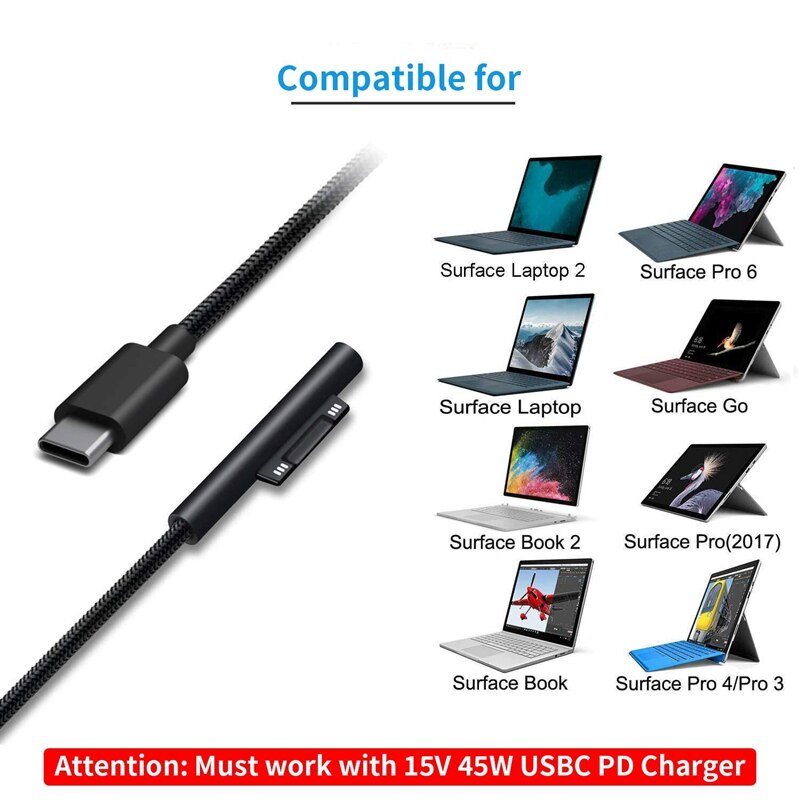 Nylon Braided USB-C Charging Cable for Surface Pro 6/5/4/3 Surface Laptop 1.5 M 45W 15V PD Power Supply Cable