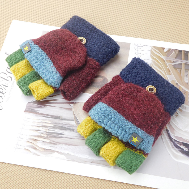 Winter kinderen warme handschoenen pentagram sticker 5-10-jaar-oude leerlingen flip kleur schrijven half- vinger handschoenen