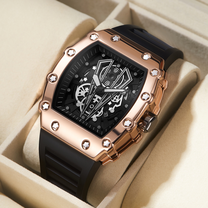 Relojes deportivos con esfera de esqueleto para hombre, estilo a la , superior, correa de Gel de sílice de lujo, reloj de cuarzo resistente al agua, Montre Homme: Rosa