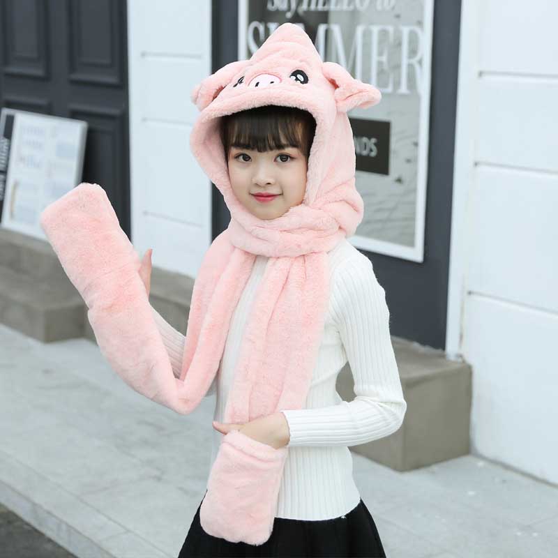 3 en 1 de oso bufanda suave con guantes de sombrero para niñas otoño invierno rosa gris Beige cálido gorro niñas bufandas: 7