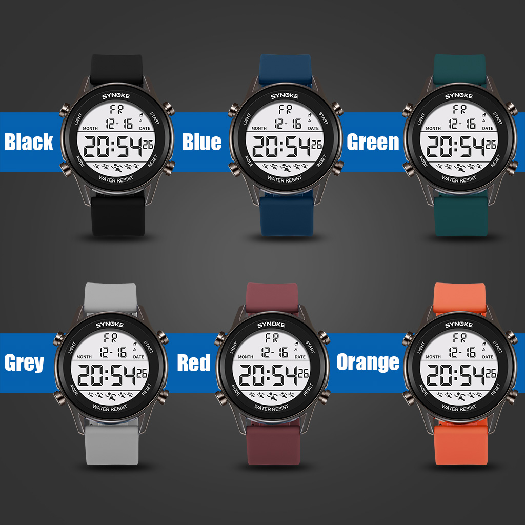 SYNOKE-Reloj de silicona para hombre, cronógrafo multifuncional, resistente al agua, pantalla grande, luminoso, LED, Digital, para deportes al aire libre