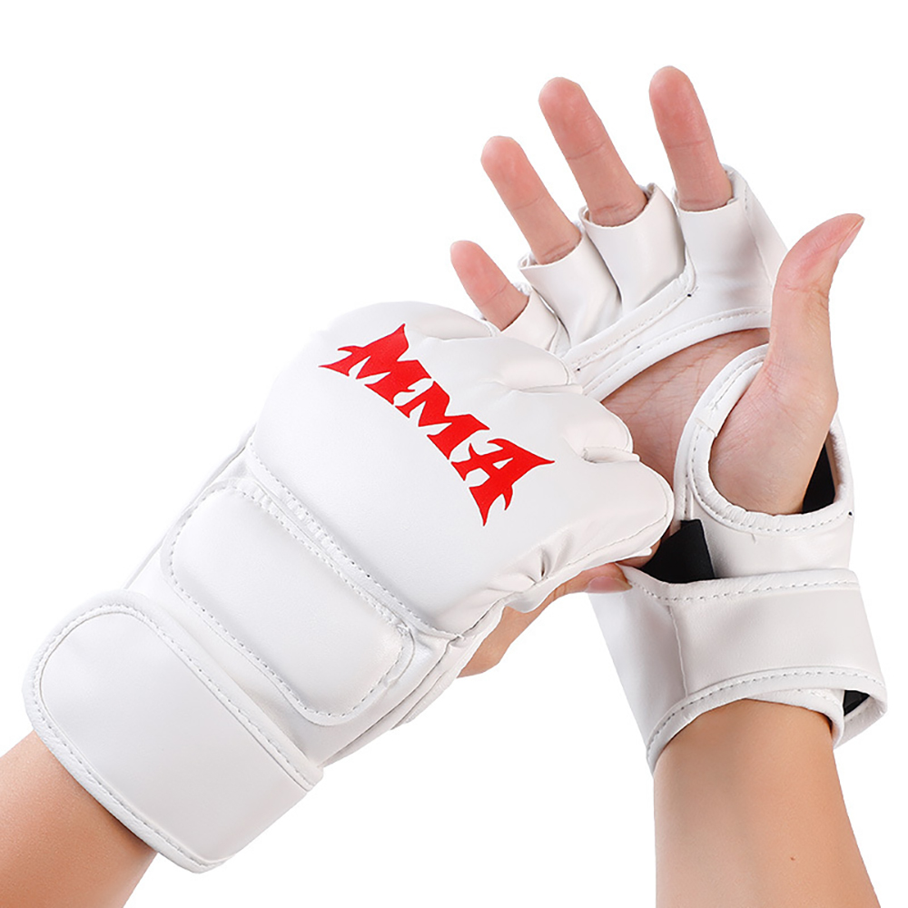 1 par tjocka boxningshandskar mma handskar halvfinger boxningssäck kickboxning muay thai vantar boxnings träningsutrustning: Vit