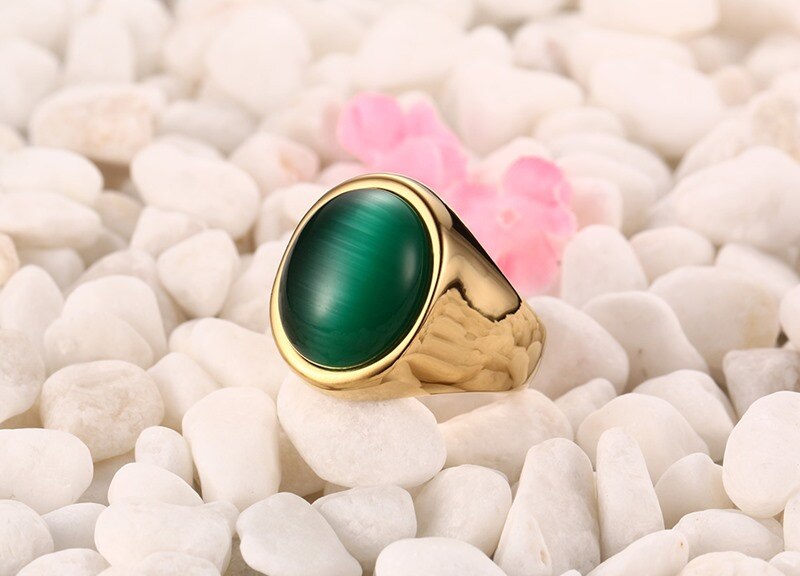 Vnox Mannen Groen Oval Cat 'S Eye Stone Ringen Rvs Gold Kleur Usa Maat