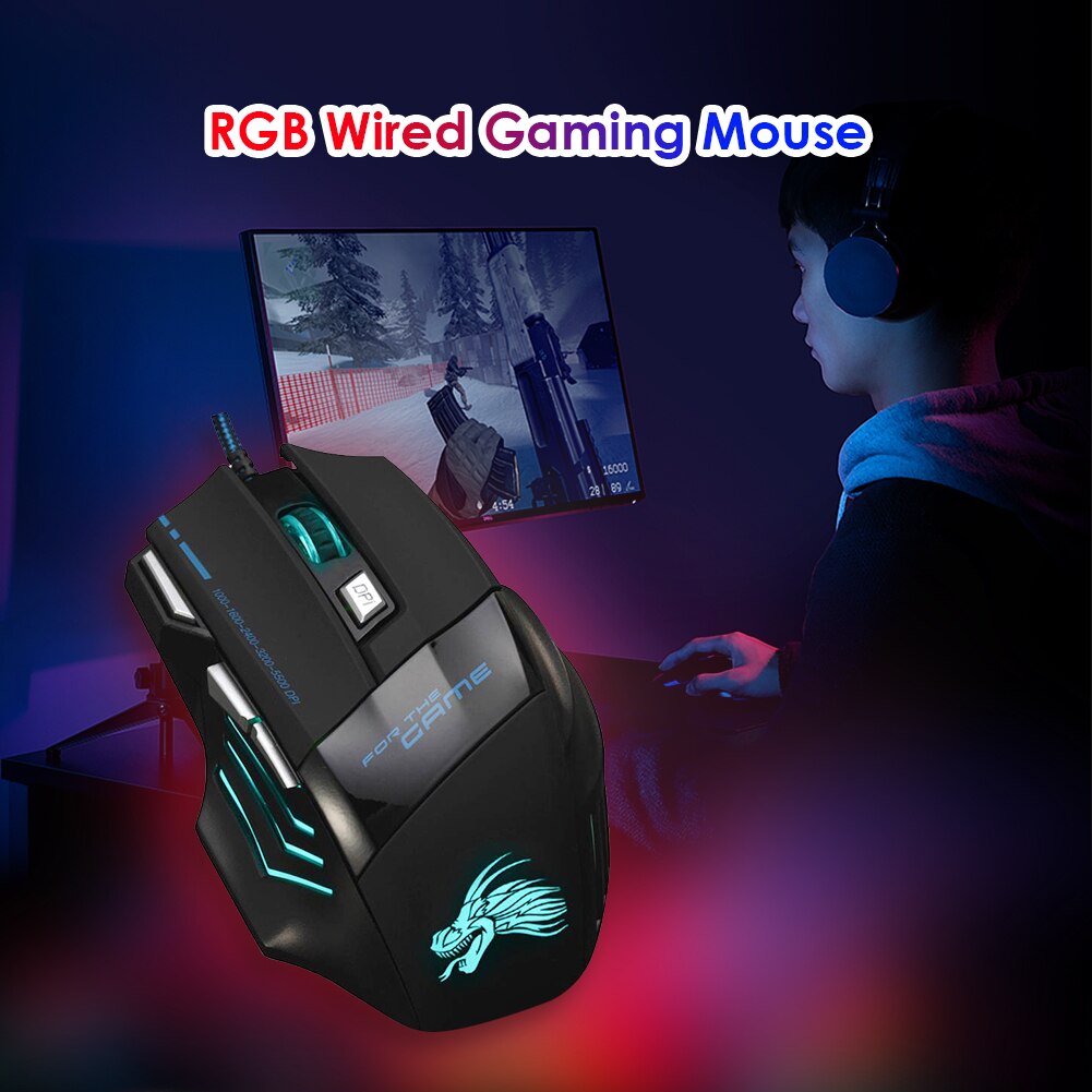 Wired Gaming Mouse 7 Button Backlit Ergonomic USB Mice 5500 DPI Backlight Adjustable Optical Mice for PC Gamer Computer Desktop