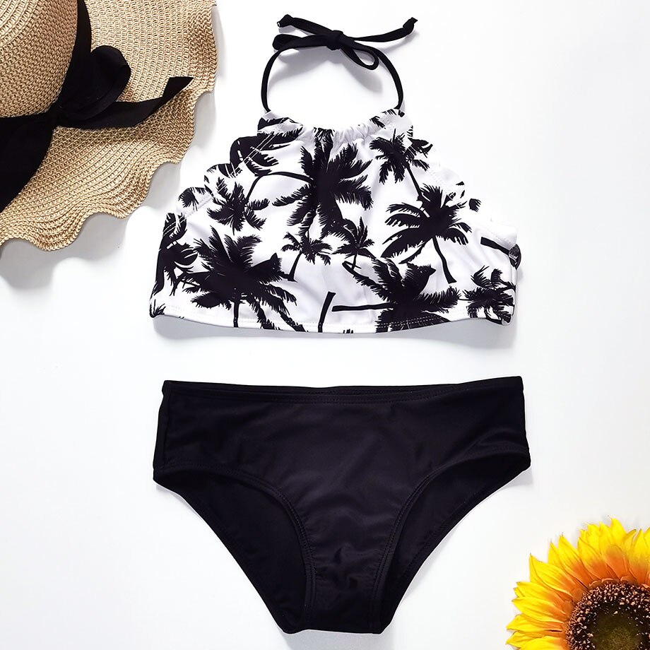 5-14 Years Girl Swimsuit Kids Palm Tree Teenage Girl Bikini Set Halter Top Two Piece Children's Swimwear BIg Girls Bathing Suit: Black / 10-140