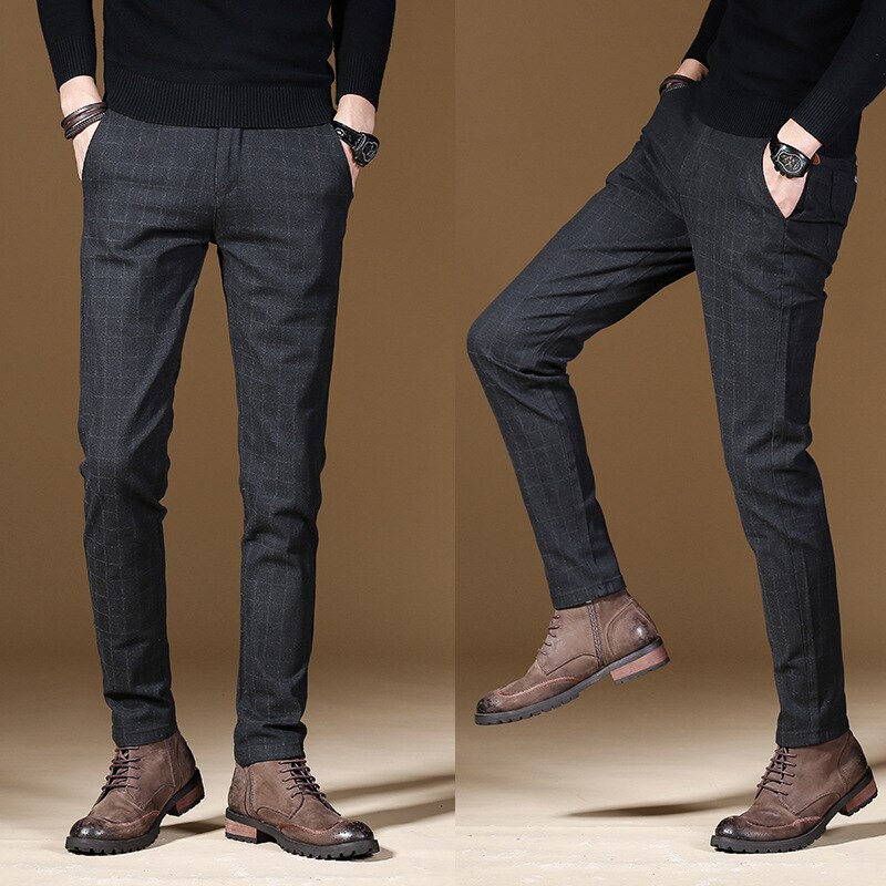 Trend Plaid Smart Business Casual Full Length Pants Mens Office Wear Straight Pants Male Slim Fit Autumn Trousers