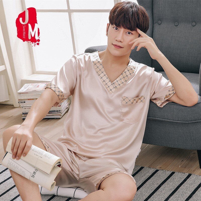 Satin hommes Pyjama ensemble été soie hommes Pyjama costume à manches courtes solide Pyjama mâle vêtements de nuit printemps Pijama homme chemise de nuit XXXL sommeil
