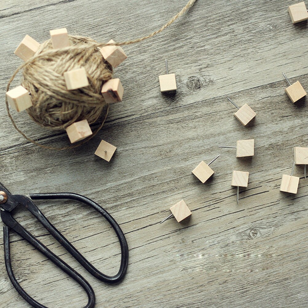 100pcs Cubic Wood Push Pins Wooden Thumb Tacks for Map Photos Calendar Decorative DIY Tool