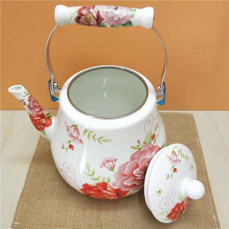 Enamel Pot Large Capacity Thickening 5L Enamel Kettle Milk Teapot Flat Bottom Pot Full Flower Induction Cooker Universal Teapot