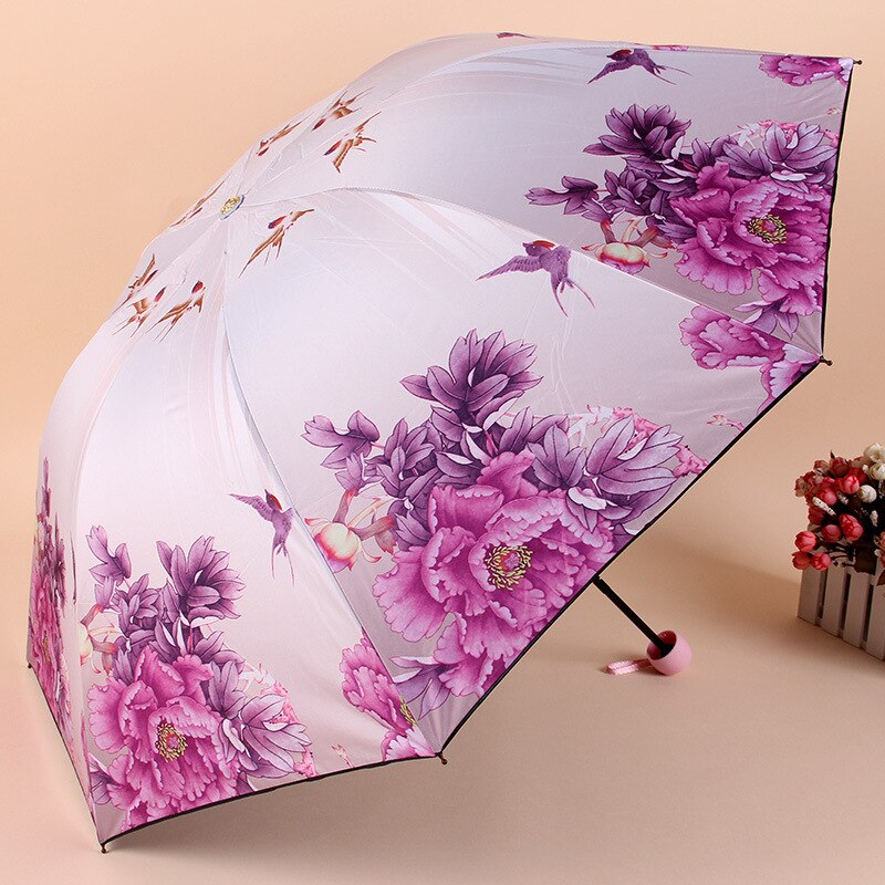 Ladies'sunshine Flower Umbrella Parasol Adult Black Coating UV Protection Sun Rain Umbrellas 3 Folding Girl