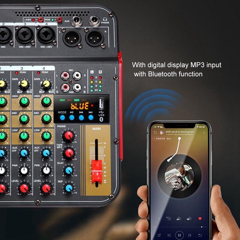 Digital 4-Channel Audio Mixer Console Mixing Console Built-in 48V Phantom Power with BT Function-EU Plug