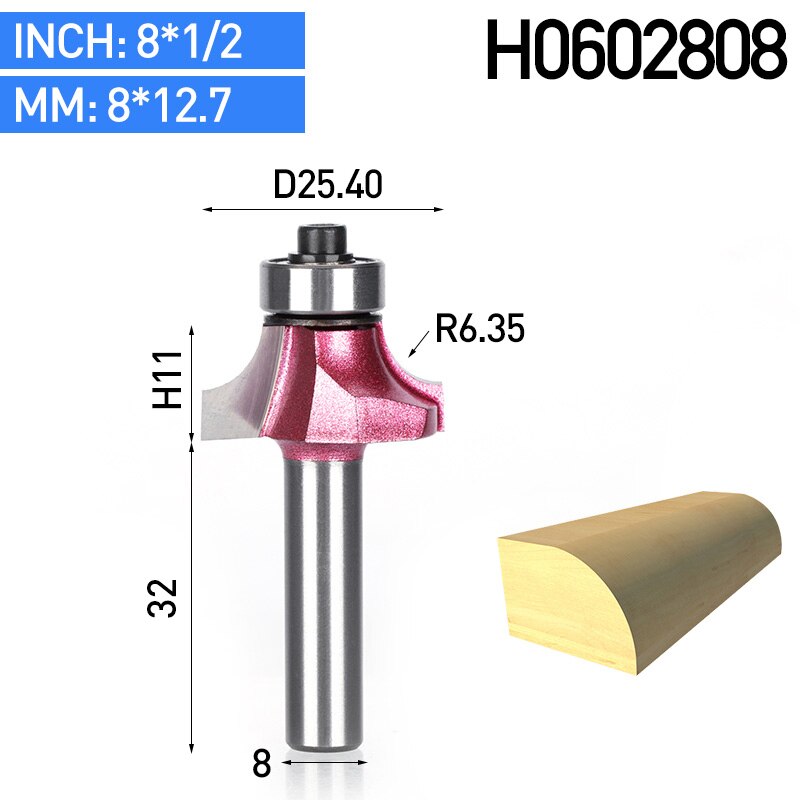 HUHAO 1pcs 8mm Shank Round-Over Router Bits for wood Woodworking Tool endmill with bearing milling cutter Corner Round Over Bit: H0602808