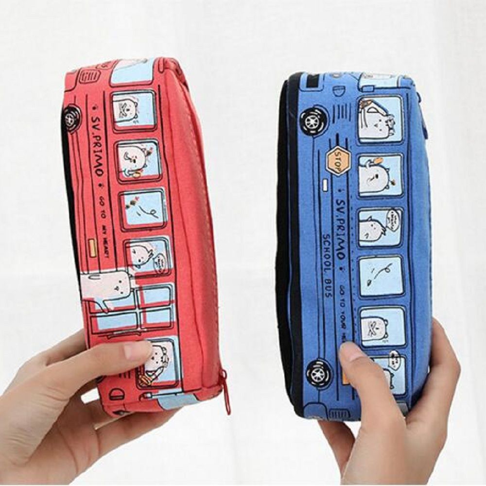 Canvas Pencil Case Popular School Bus Zipper Pencil Box Stationery Organizer School Supplies Durable Pen Bag For Kids