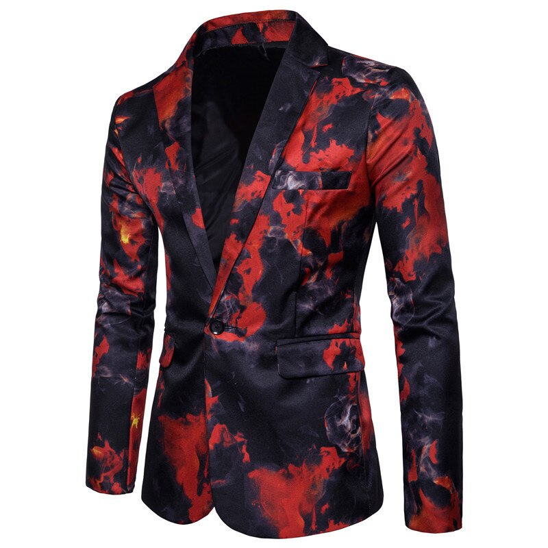 Xingdeng casual blazer herre slim fit jakke mønster trykt blaser homens herre blazer personality jakke rød blå m -3xl: Rød / Xxxl