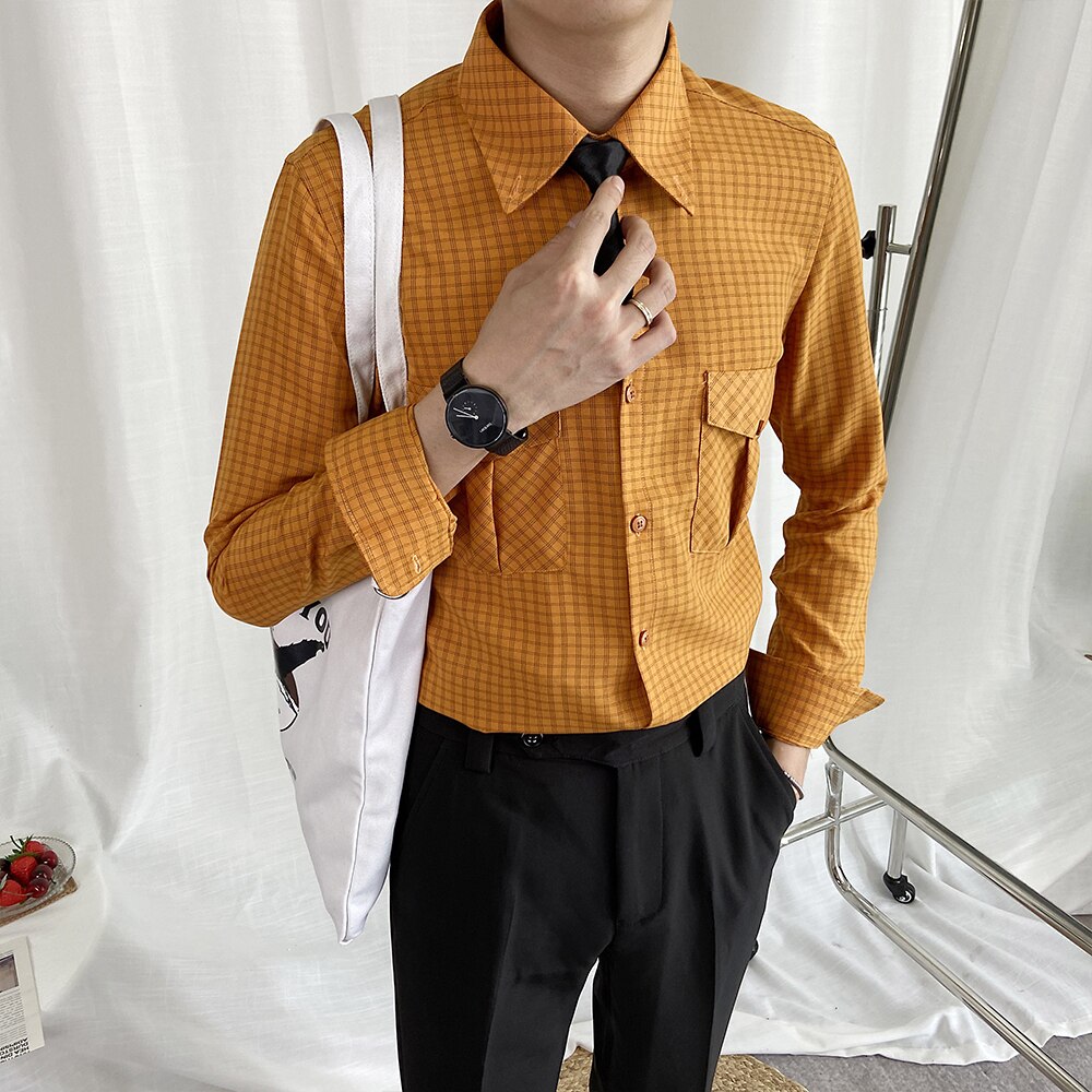 Orange plaid skjorter herre retro slim fit langærmet skjorte mand engelsk stilfuld ternet sommer herre tøj korea tøj