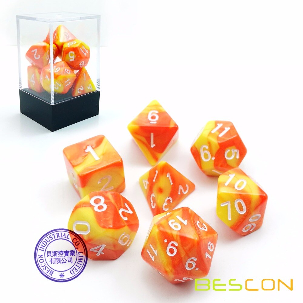 Bescon Gemini Polyhedrale Dobbelstenen Set Saffraan, twee Tone Rpg Dobbelstenen Set Van 7 D4 D6 D8 D10 D12 D20 D % Baksteen Box Pack