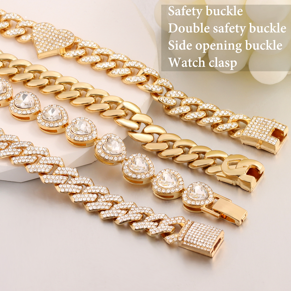 Cadena de tenis con corazón de cristal helado, pulsera de cadena de eslabones cubanos de Miami para mujeres y hombres, pulseras de cadenas gruesas de hip hop, joyería