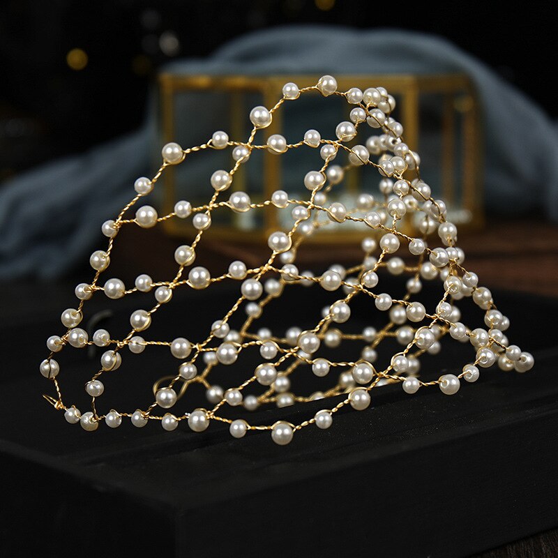 Vintage Baroque Gold Pearls Tiaras Headbands Handmade Bridal Wedding Hair Accessories Hairbands Hair Vines Women Hair Jewelry