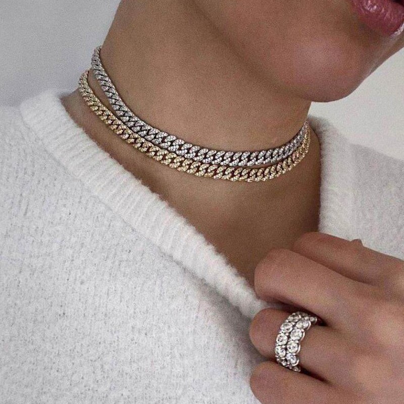 6.5MM iced out bling cz Miami cuban link chain necklace gold silver color cz choker women jewelry