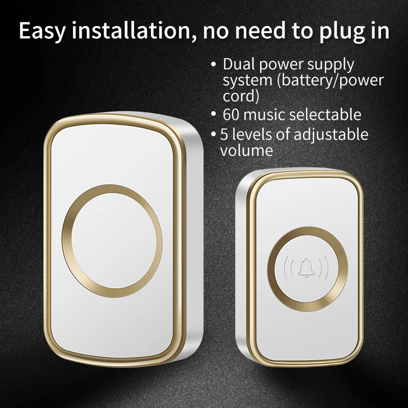 CACAZI Heimat DC batteriebetriebene kabellose wasserdichte Türklingel, intelligente 300-Meter-Fernbedienung, 60 KlingeltöNe, draussen-Anrufglocke