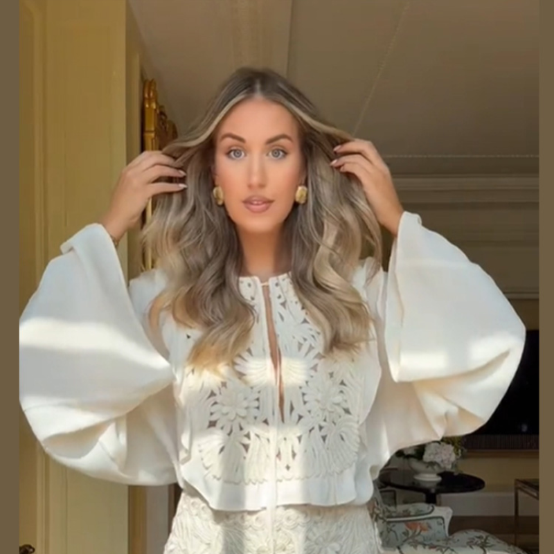 Sommer lässig Aushöhlen Applikationen Spitzen Felsen setzt Oansatz Langarm Spitze hoch Blusen Mini Felsen 2025 Neue Dame Outfits 2 stück