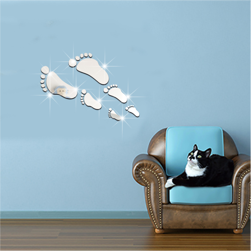 Voet 3D Spiegel Muursticker Diy Acryl Muursticker Woonkamer Slaapkamer Home Decoratie: Zilver