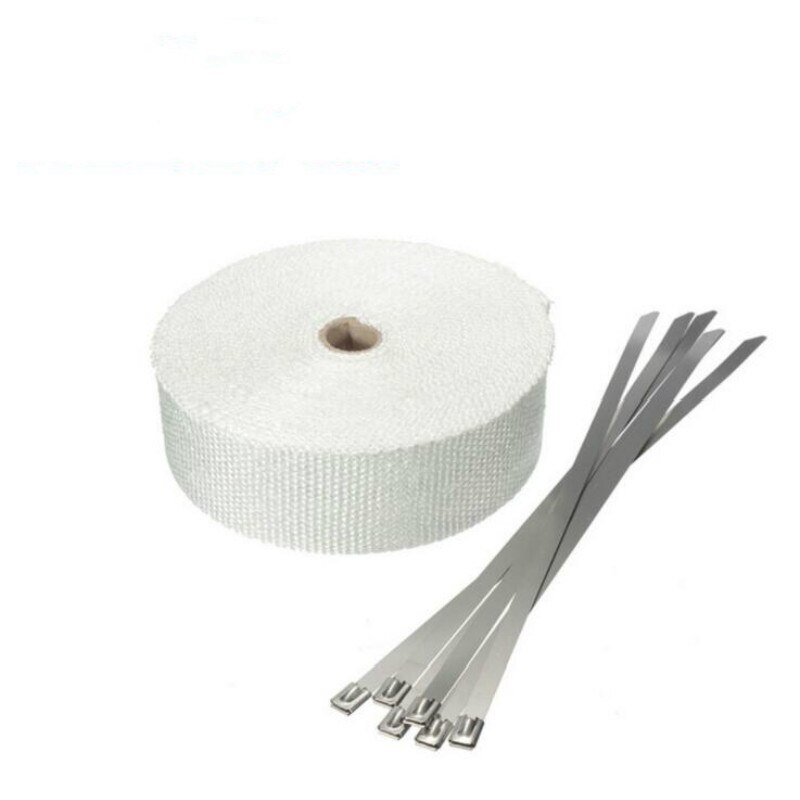 Rollo de cinta térmica de fibra de vidrio para escape de motocicleta, protector térmico para tubo de escape, protección térmica con bridas de acero inoxidable, 5M: Marfíl