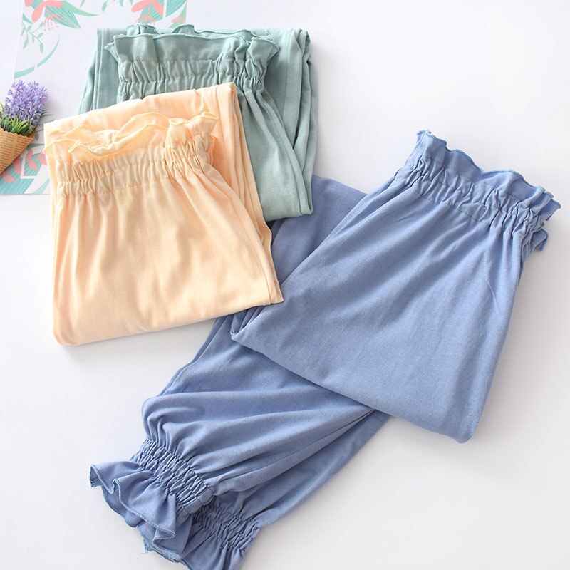 Women&#39;s Loose Pants Sleepwear Trousers Cotton Casual Elastic Waist Ruffle Long Pants Homewear Full Length Women Sleep Bottoms