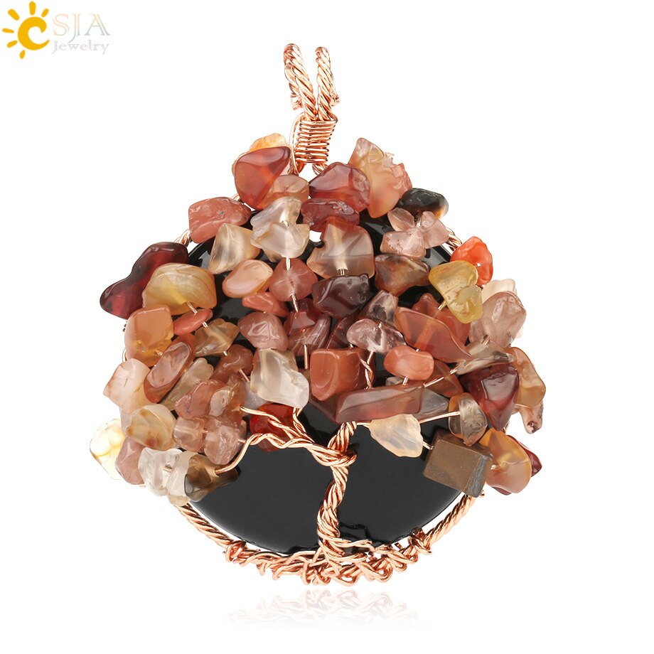 CSJA Natural Cabochon Stone Tree of Life Pendant Rose Gold Color Wire Wrap Chip Bead Wisdom Tree Healing Women Men Necklace G193: Black Onyx