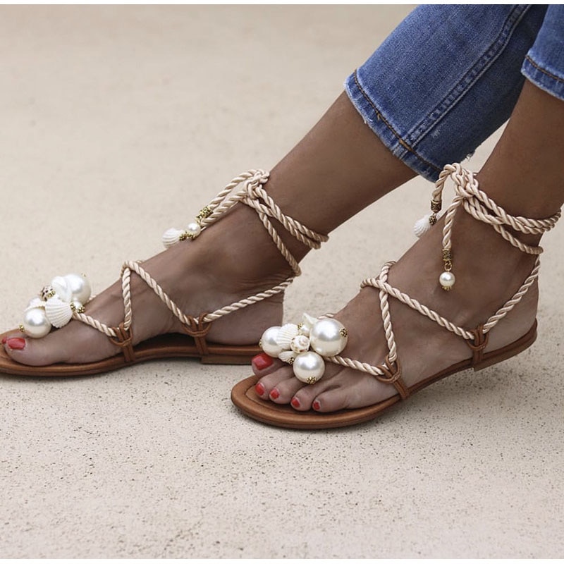 Sandalias con cordones cruzados de verano a la para mujer, sandalias con perlas, Sandalias planas para mujer, vestidos de en la playa, zapatos con perlas, Sandalias planas romanas