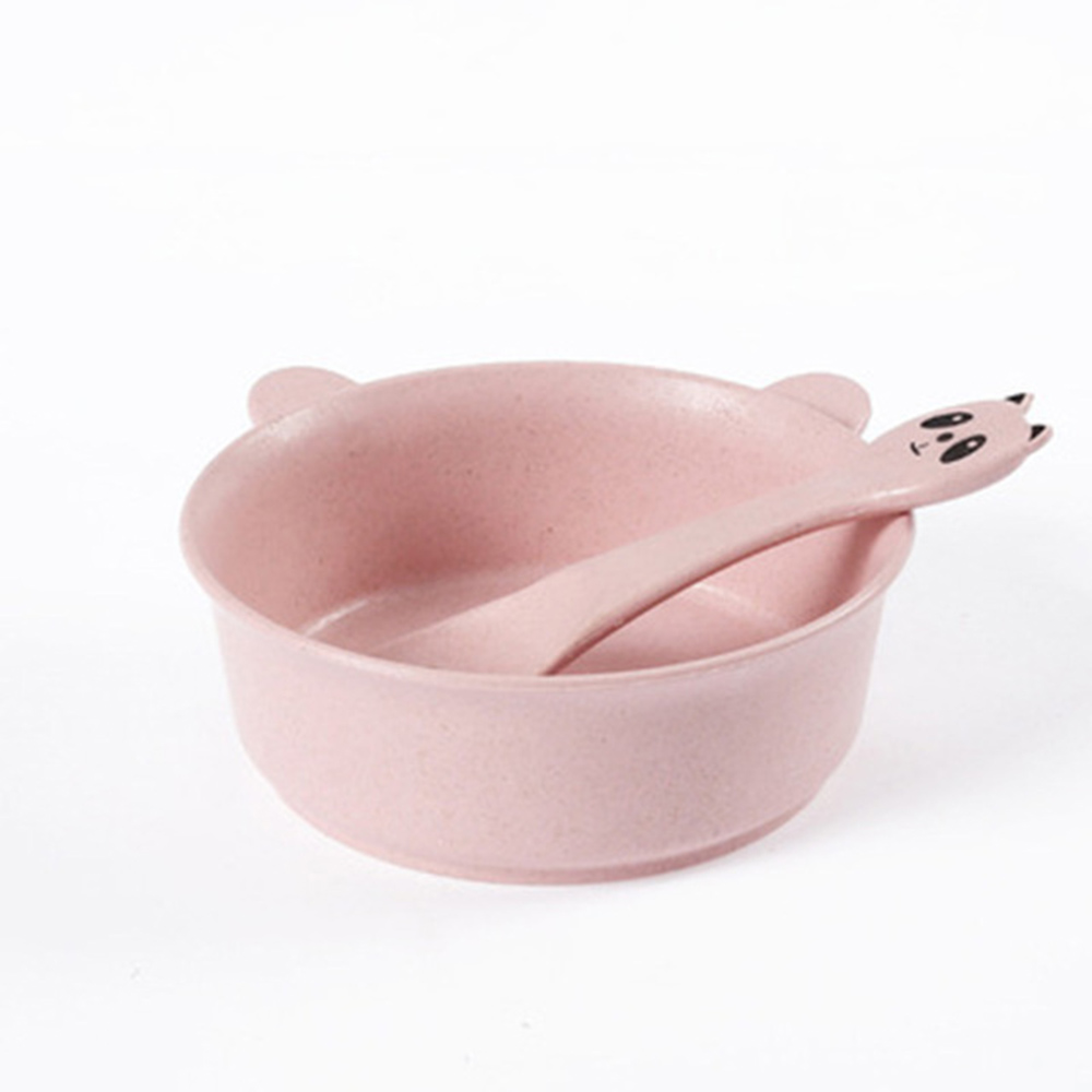 1pcs Baby Feeding Food Tableware Cartoon Panda Kids Dishes Baby Eating Dinnerware Set Wheat Stalk Anti Training Bowl Spoon: Pink