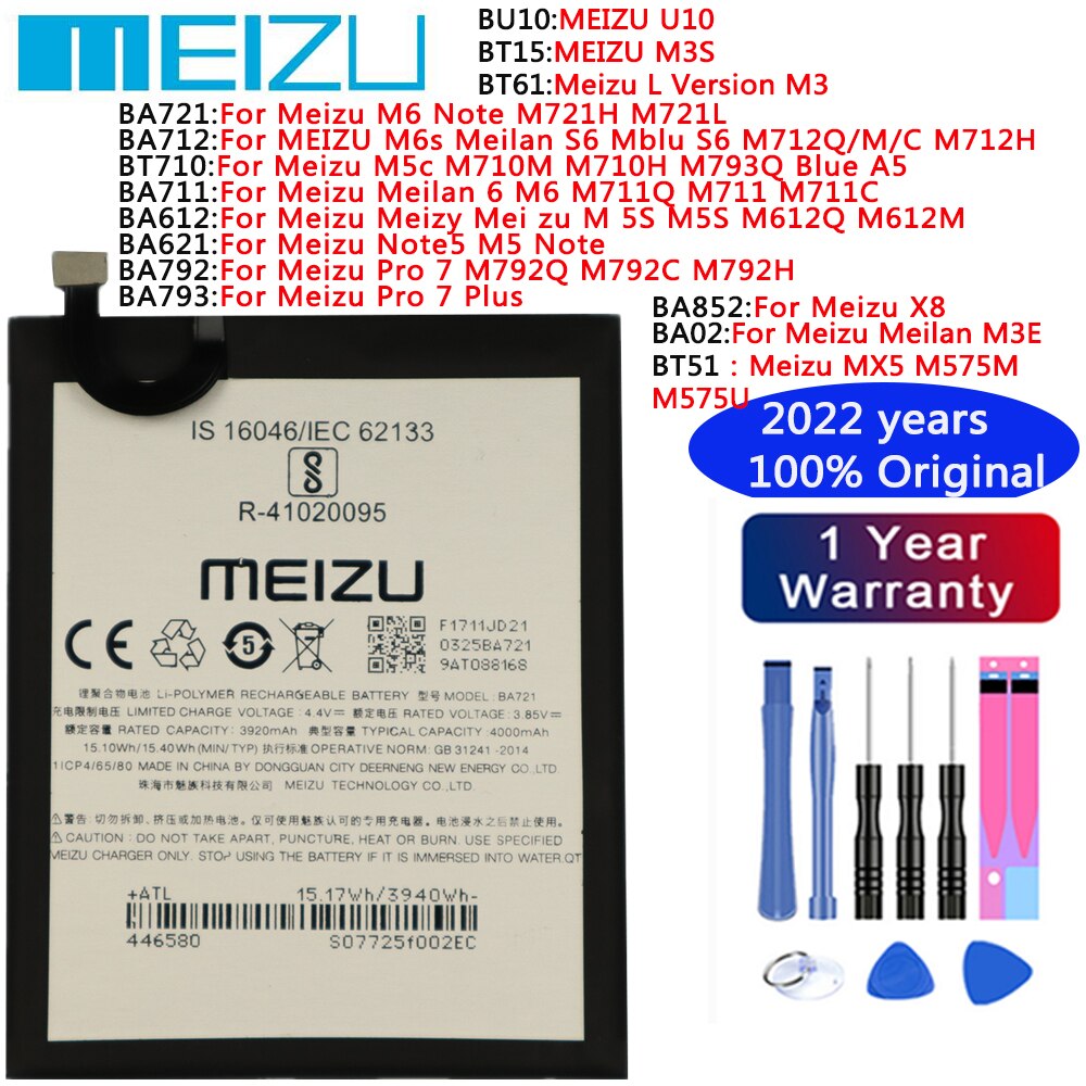 MEIZU Original Battery For Meizu U10 M3S L Version M3 M6 Note M6s M5c Meilan6 M 5S Note5 Pro 7 Plus X8 Meilan M3E MX5 Batteries