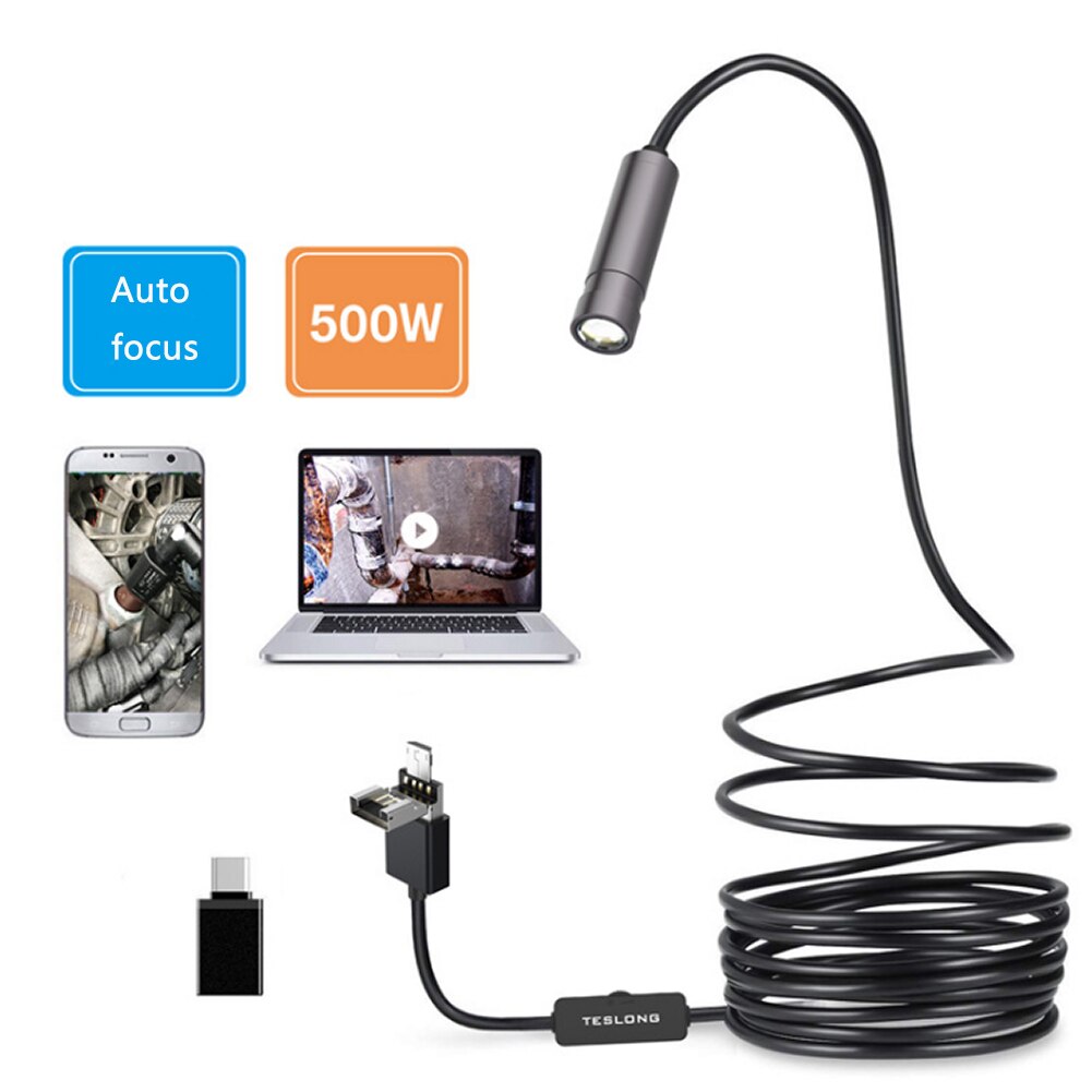 Nyeste 5.0mp usb endoskop kamera autofokus 2cm-50m ip67 1080p hd inspektion kamera slange halvstiv til android pc endoskop