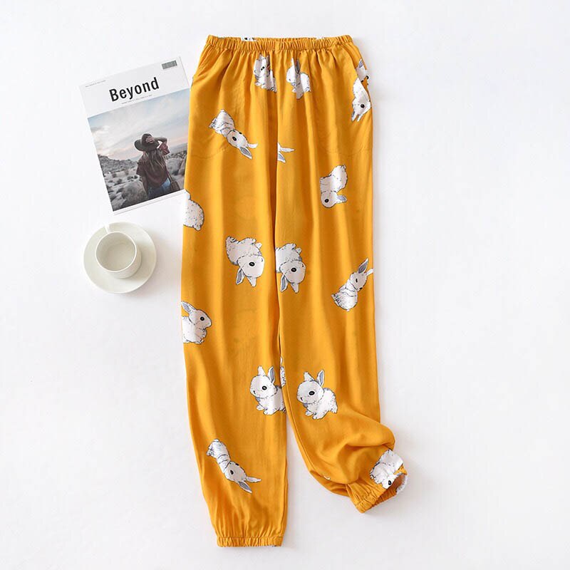 Forår og sommer kvinder blomstret soveunderdel komfort løs bomuld satin bukser elasticitet talje damer store homewear bukser: Kanin gul / M